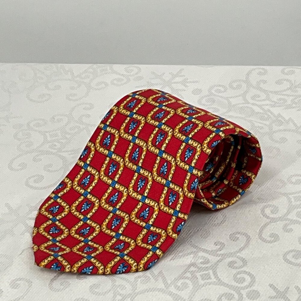 Giampiero Valenti Mens 100% Silk Red & Gold Geometric Pattern Tie Made In‎ Italy